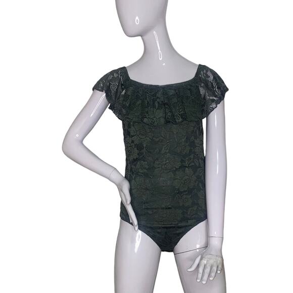 Express NWT Lace Bodysuit Multiway Olive Green Pullover Two Snap Buttons Size M - Picture 1 of 12
